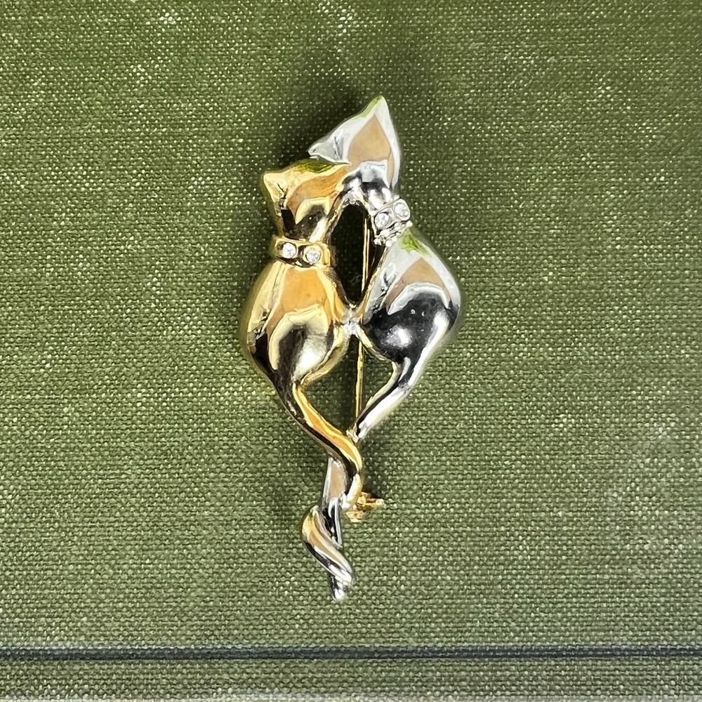 VintageTwo Tones Cat Brooch Gold & Silver Cats W Rhinestone Collars Figural Pin